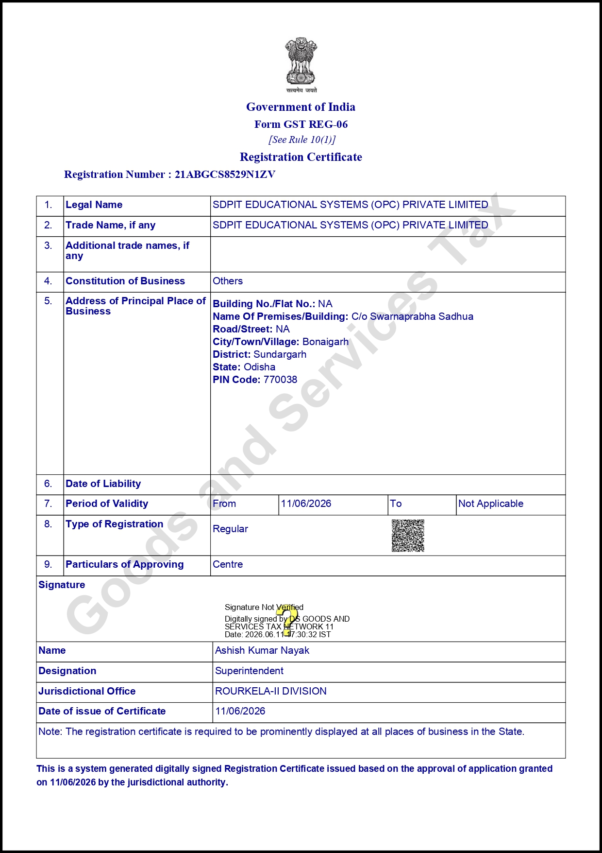 SDPIT registered with Goods and Services Tax vide Identification Number 21ABGCS8529N1ZV